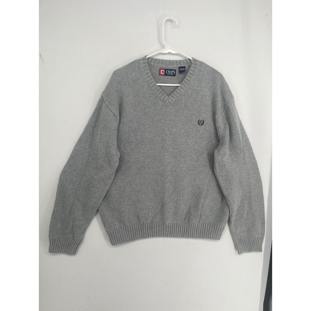 Chaps Mens XXL V-Neck Sweater Heather Gray 100% Cotton Knit Pullover Logo Logo